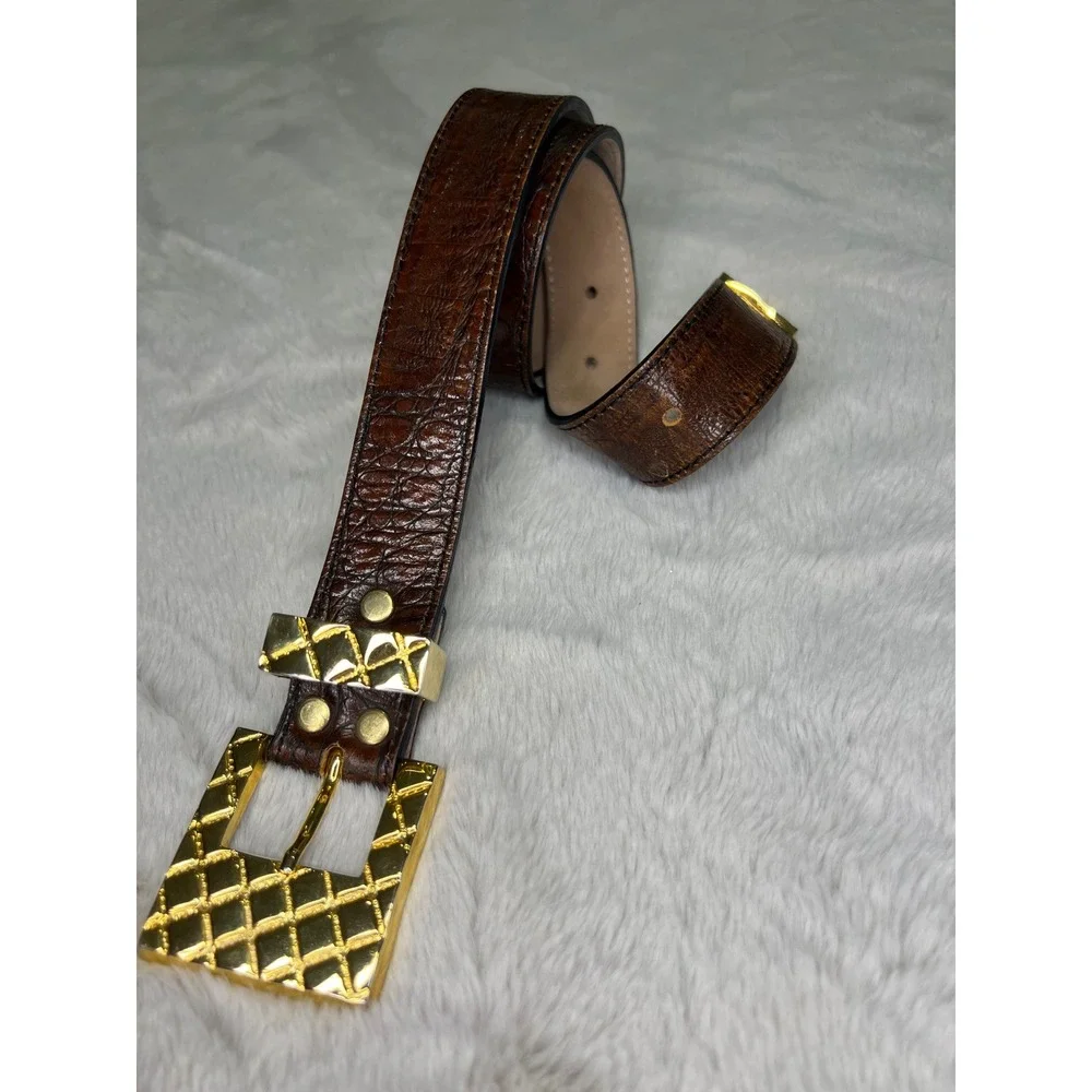 VTG Jo Ann's Leather Belt Gold Lattice Buckle Textured Brown 32